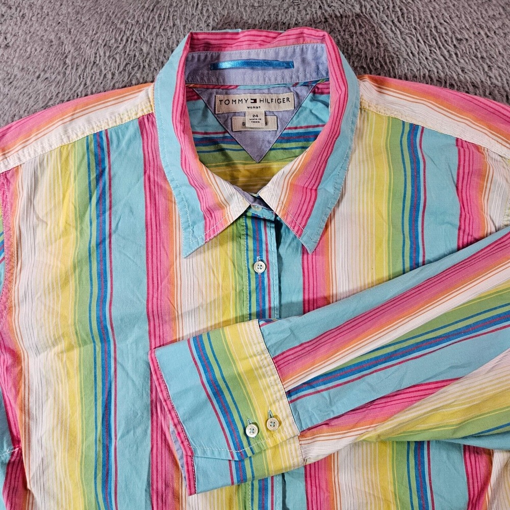 Tommy Hilfiger Shirt Women 24 Button Up‎ Long Sleeve Colorful Striped Stretch